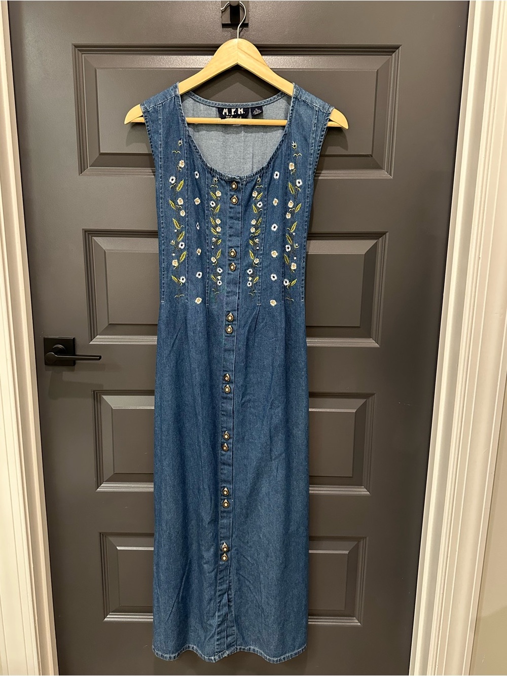 Vintage Denim Maxi Dress with Floral Embroidery